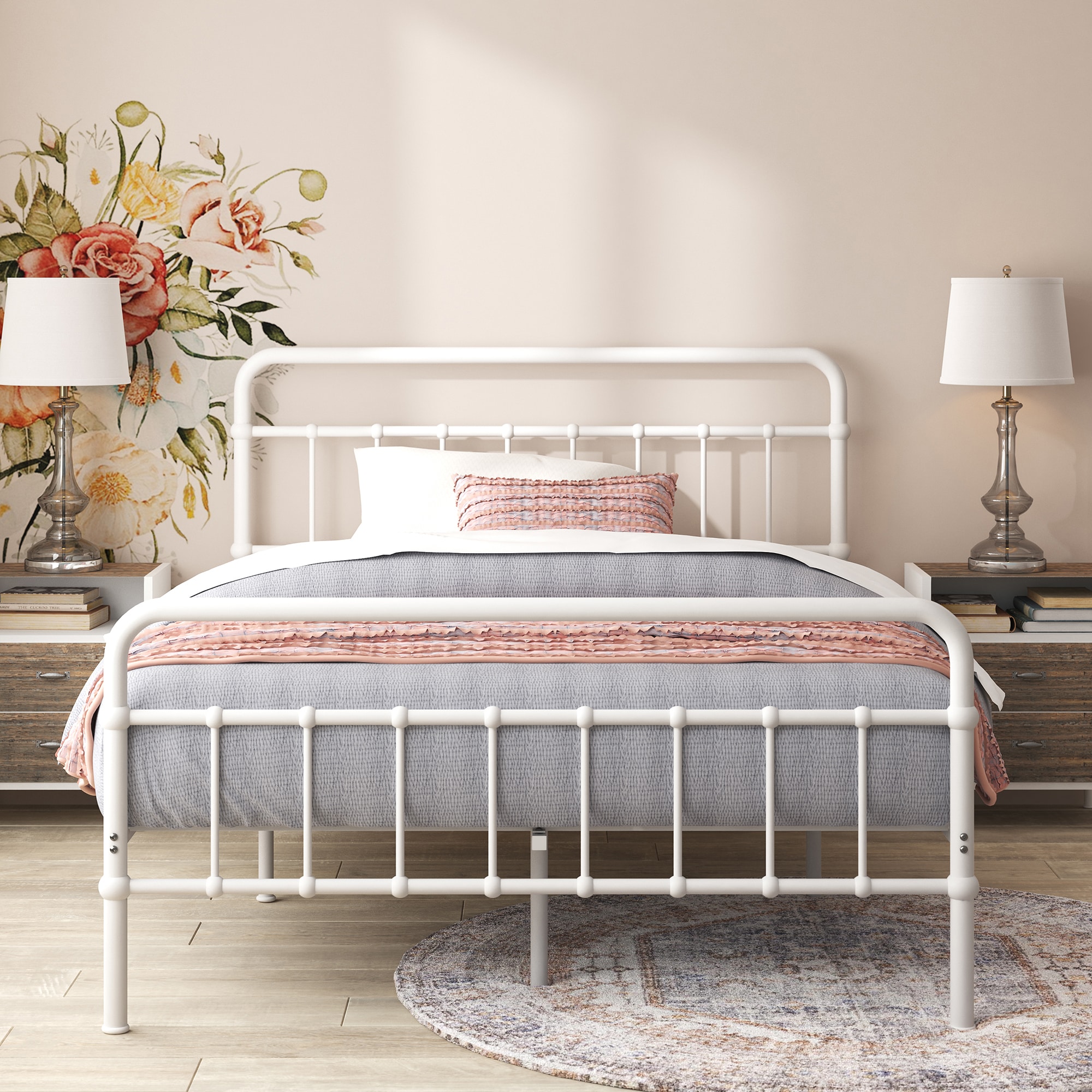 Zinus Queen White Metal Platform Bed with Headboard