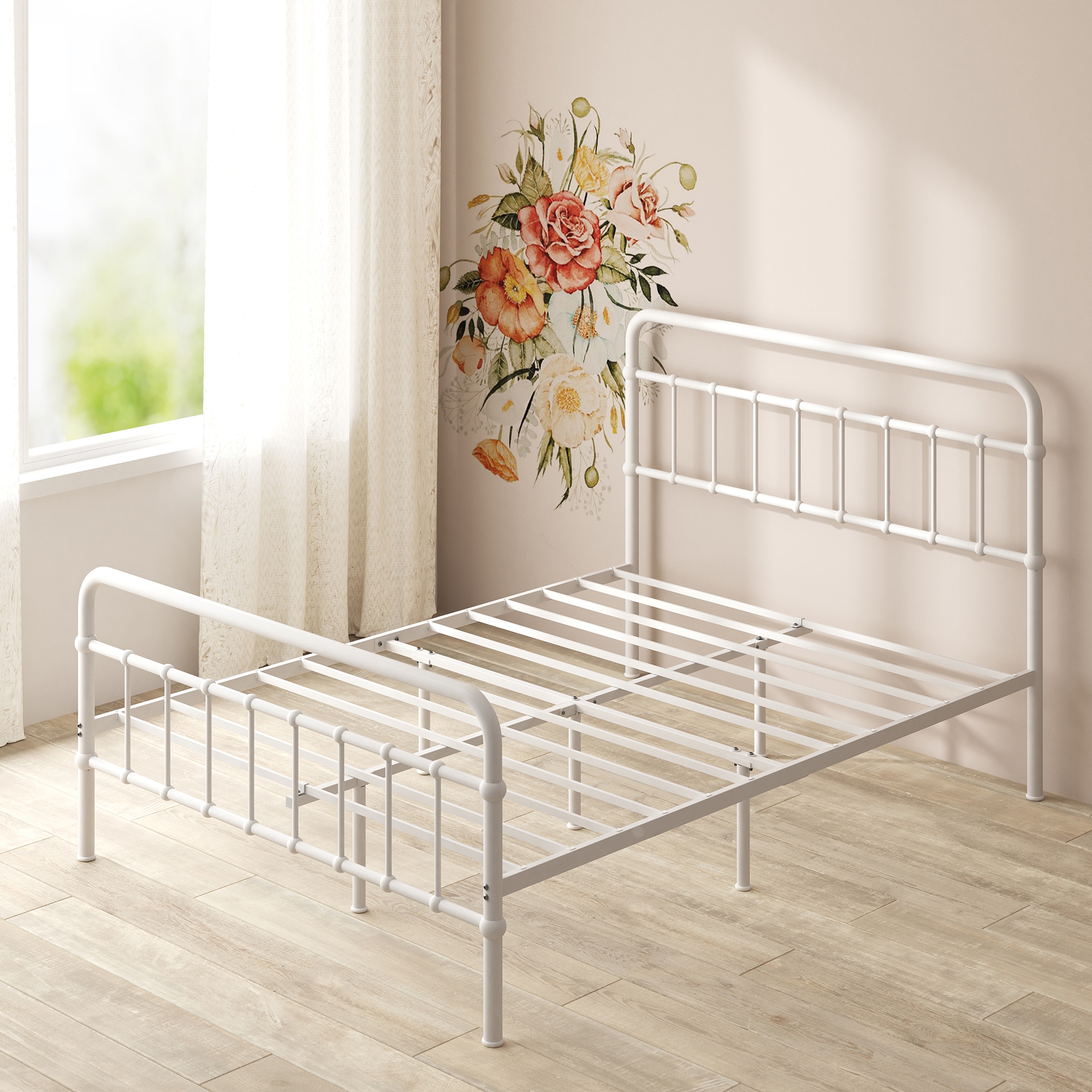 Zinus Queen White Metal Platform Bed with Headboard