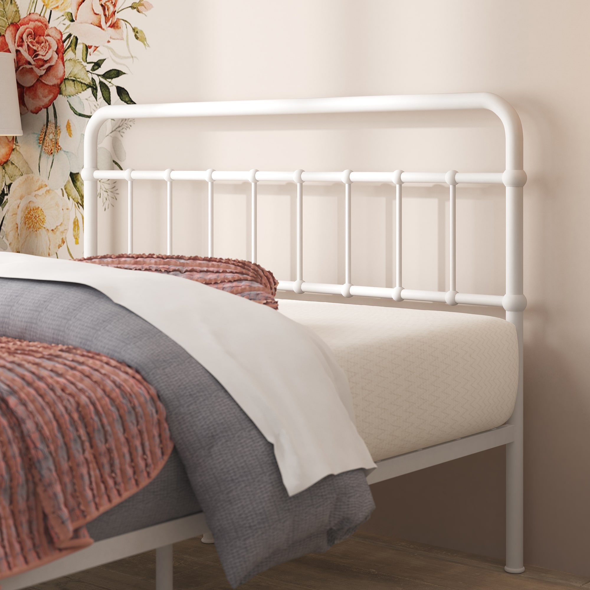 Zinus Queen White Metal Platform Bed with Headboard