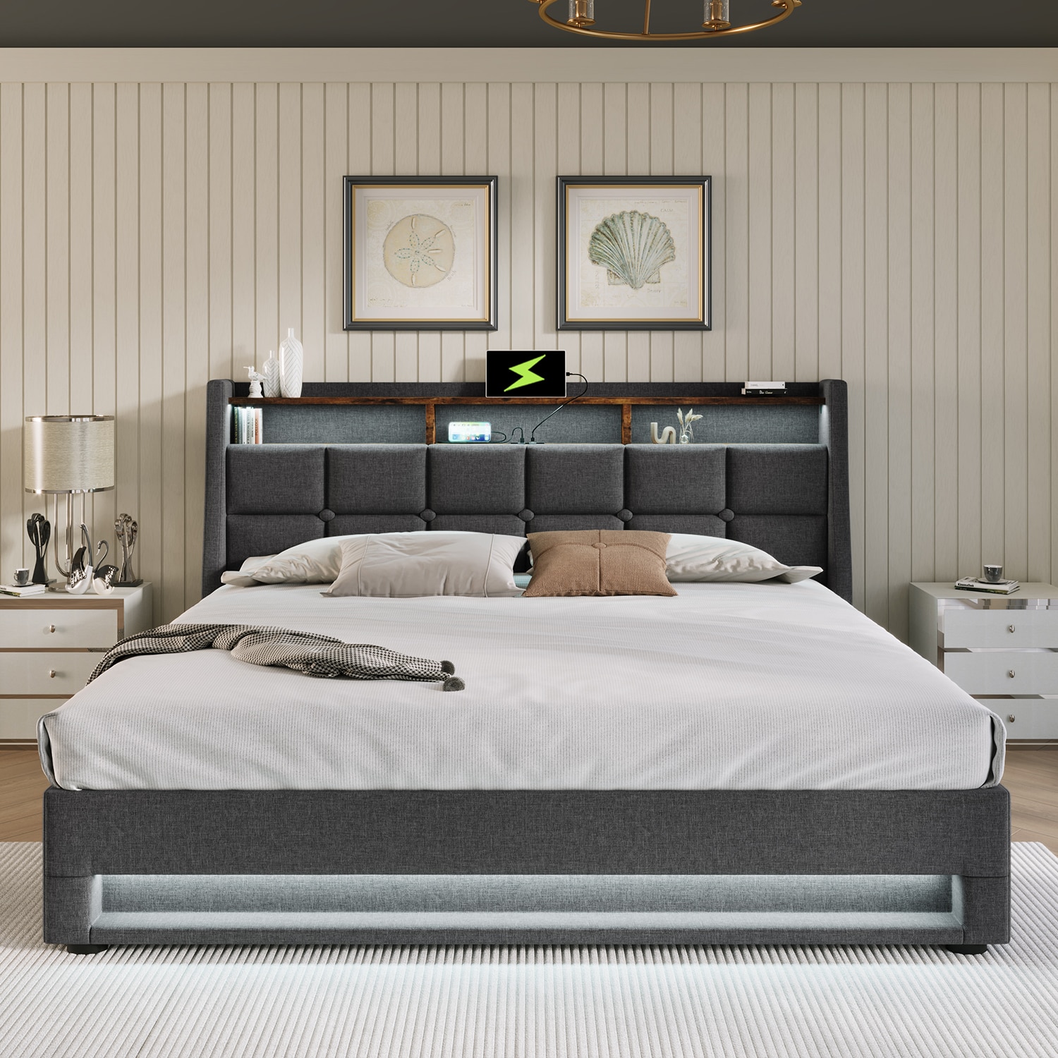 GZMR Full Gray Platform Bed Storage with Headboard