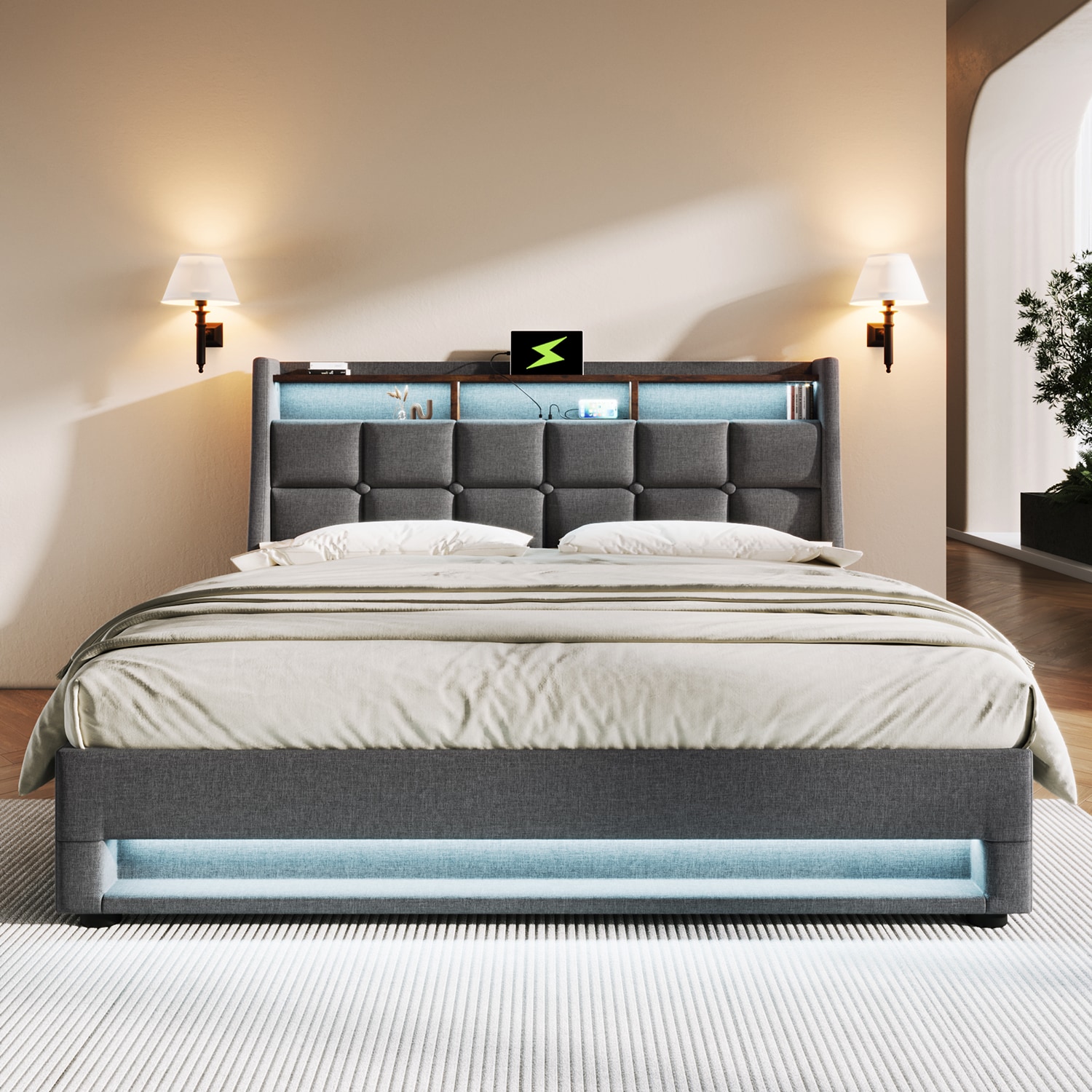 GZMR Full Gray Platform Bed Storage with Headboard
