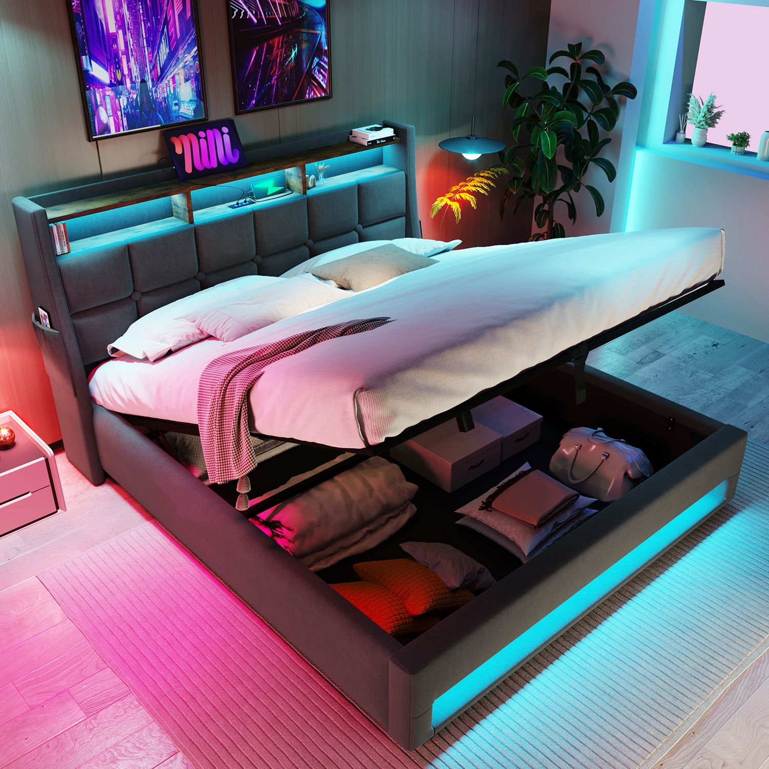 GZMR Full Gray Platform Bed Storage with Headboard