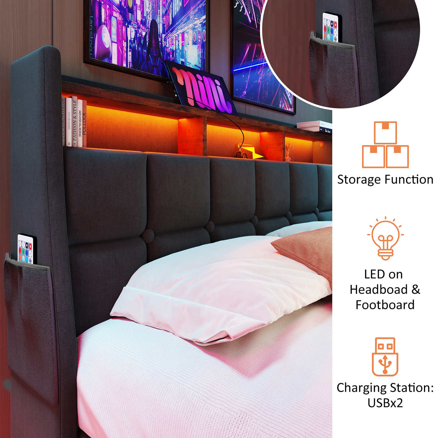 GZMR Full Gray Platform Bed Storage with Headboard