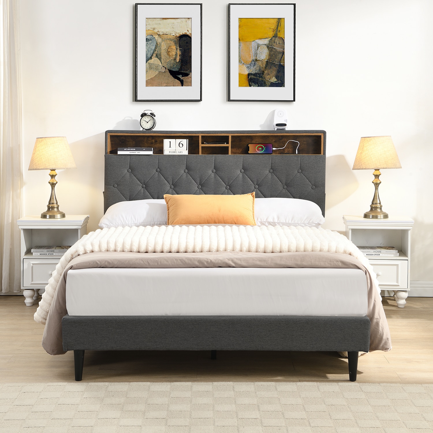 GZMR King Dark Gray Bed Frame Storage with Headboard