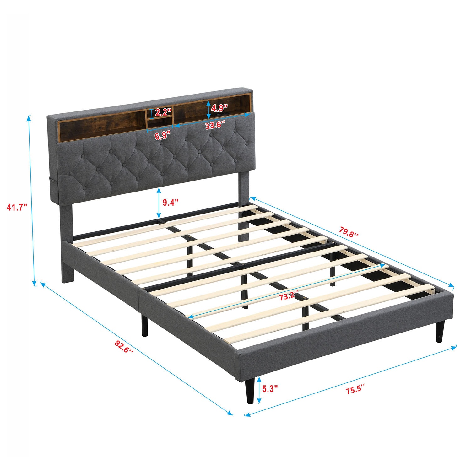 GZMR King Dark Gray Bed Frame Storage with Headboard