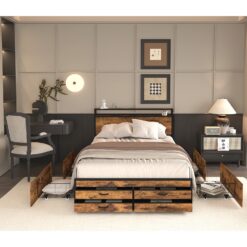 GZMR Queen Black+Brown Metal Bed Frame Storage with Headboard