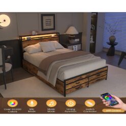 GZMR Queen Black+Brown Metal Bed Frame Storage with Headboard