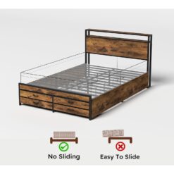 GZMR Queen Black+Brown Metal Bed Frame Storage with Headboard
