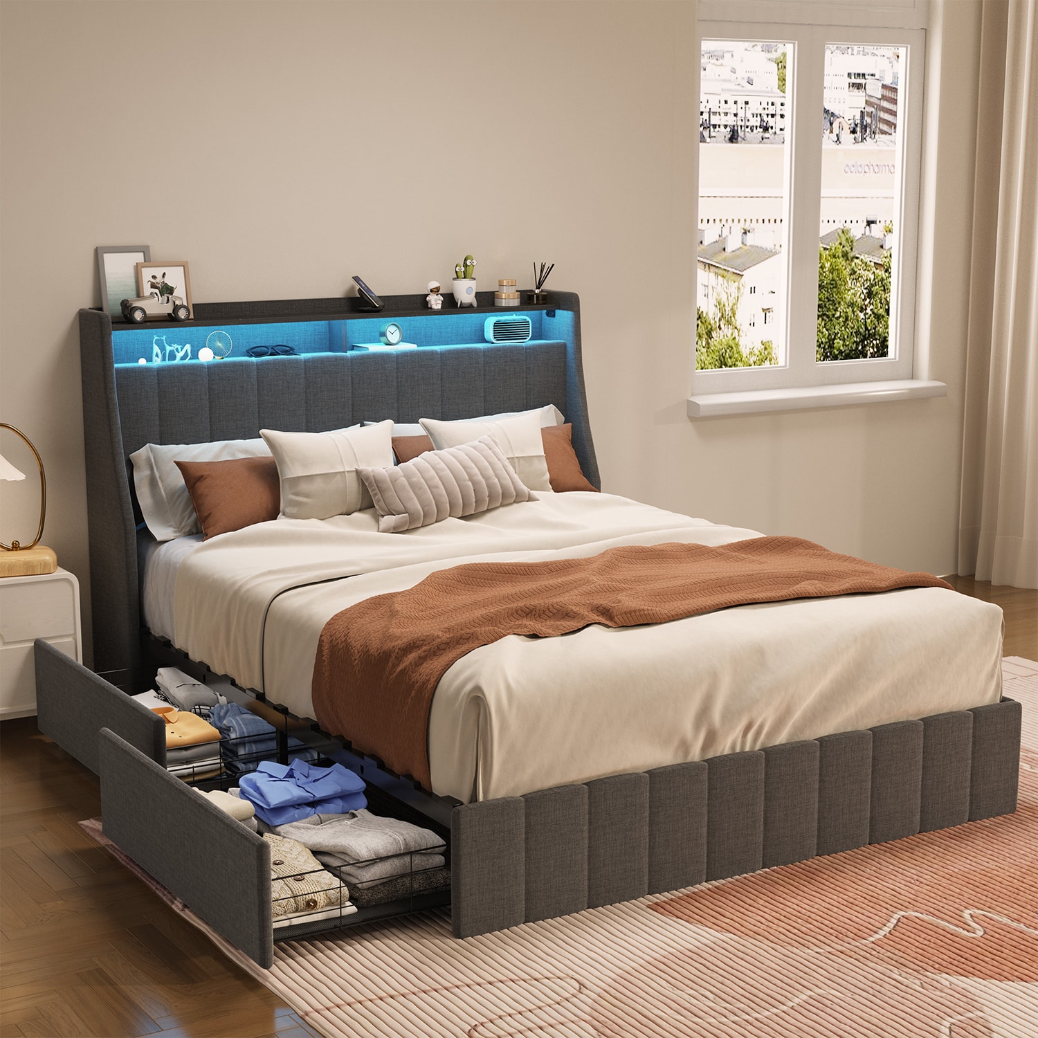 GZMR Queen Gray Metal Bed Frame Storage with Headboard