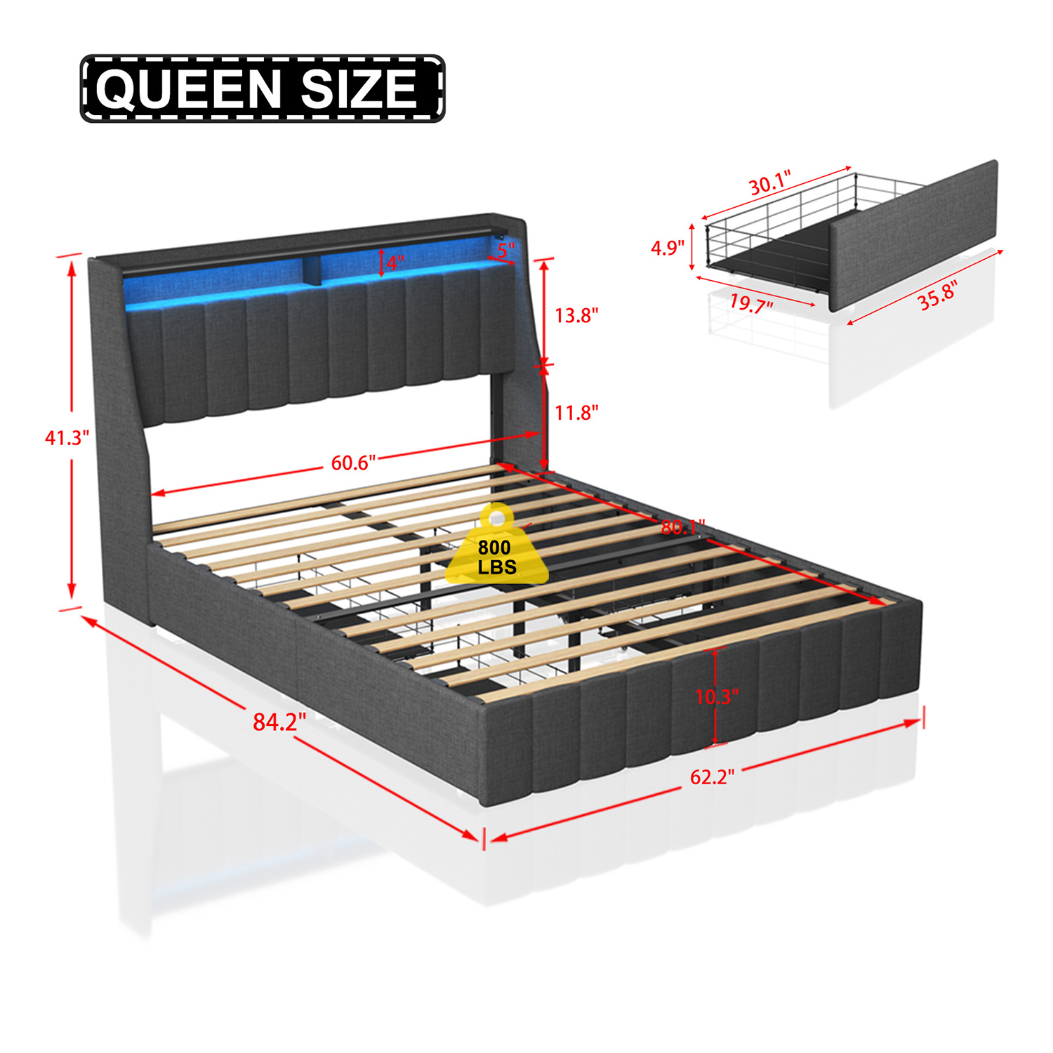 GZMR Queen Gray Metal Bed Frame Storage with Headboard
