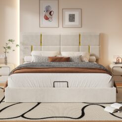 GZMR Queen Beige Platform Bed Storage with Headboard