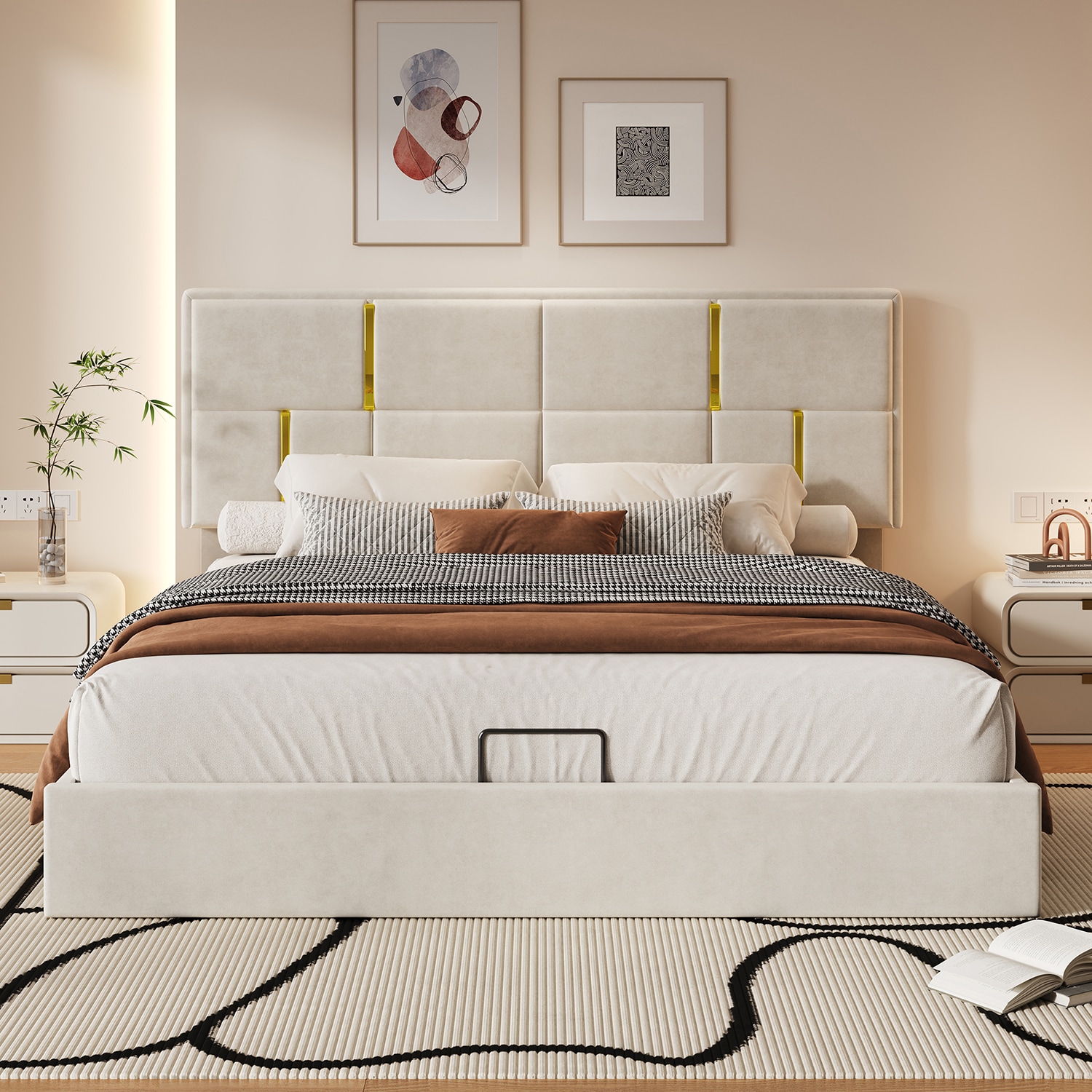 GZMR Queen Beige Platform Bed Storage with Headboard