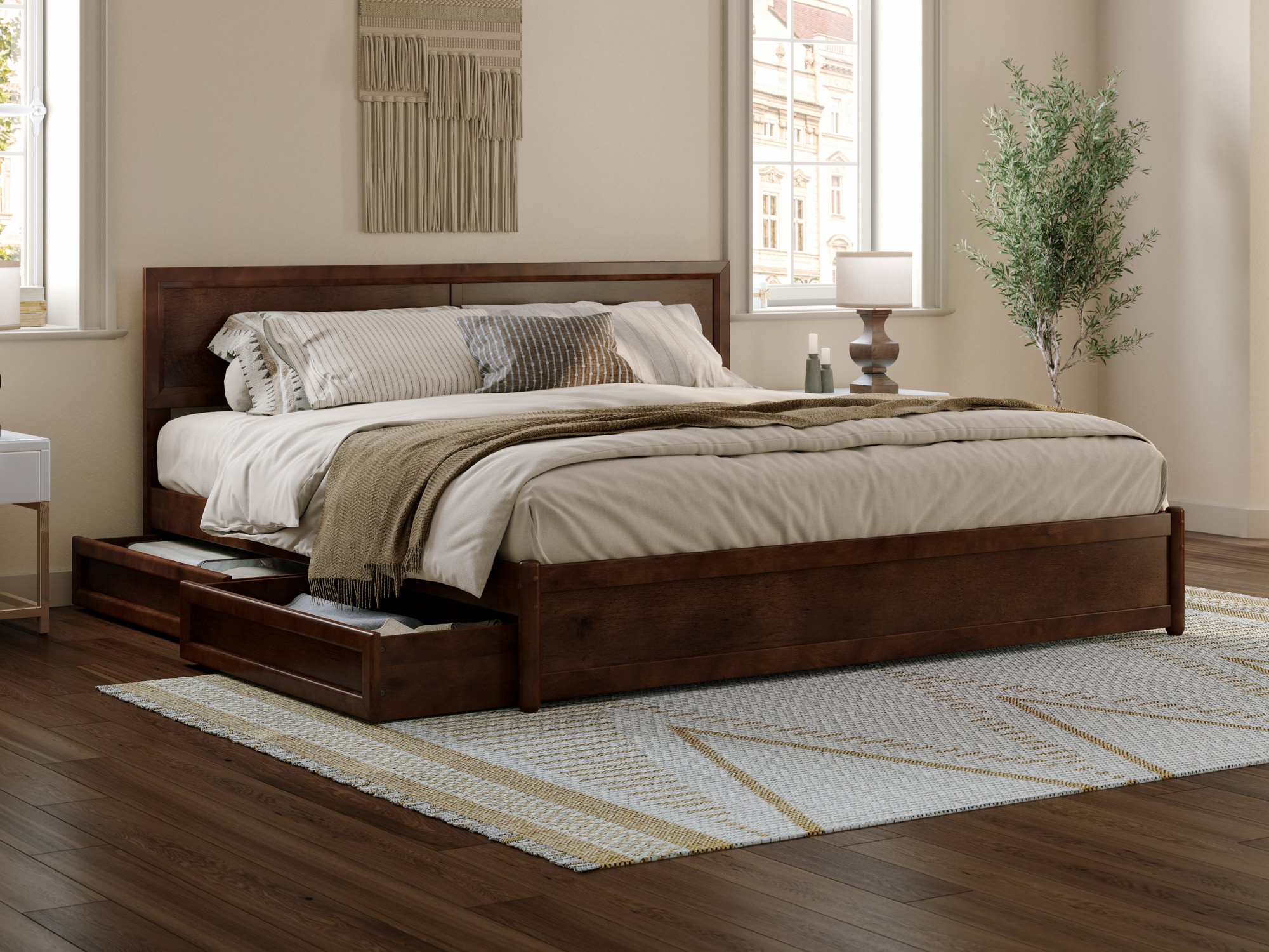 AFI King Walnut Wood Platform Bed Storage with Headboard