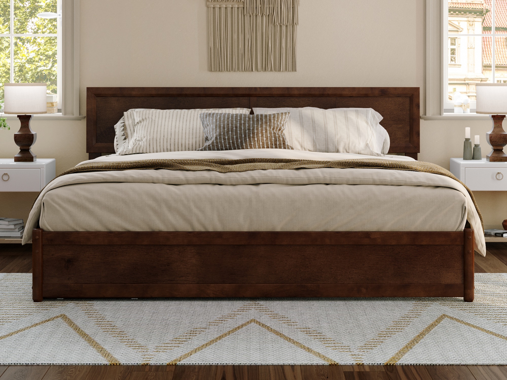 AFI King Walnut Wood Platform Bed Storage with Headboard