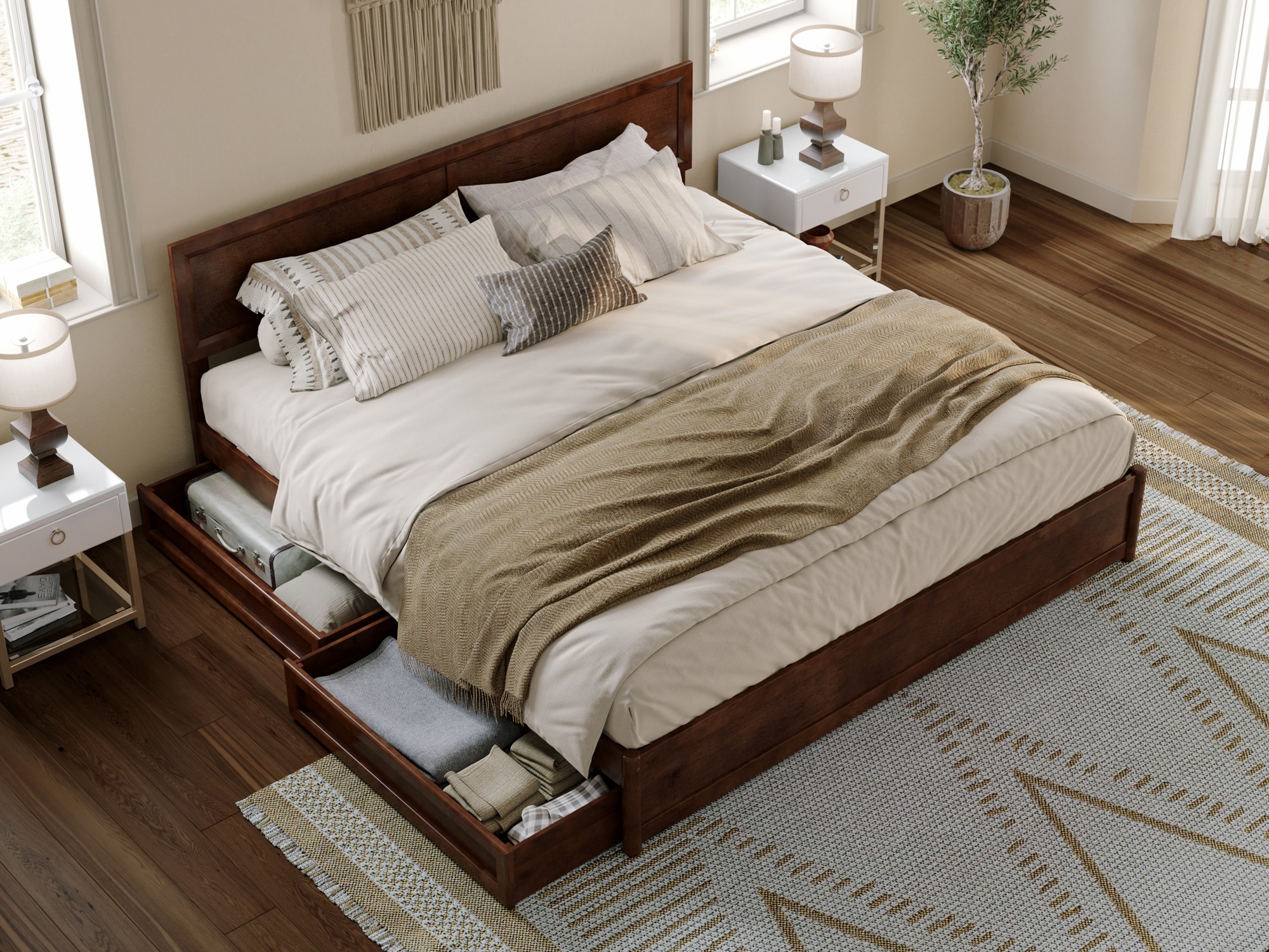 AFI King Walnut Wood Platform Bed Storage with Headboard