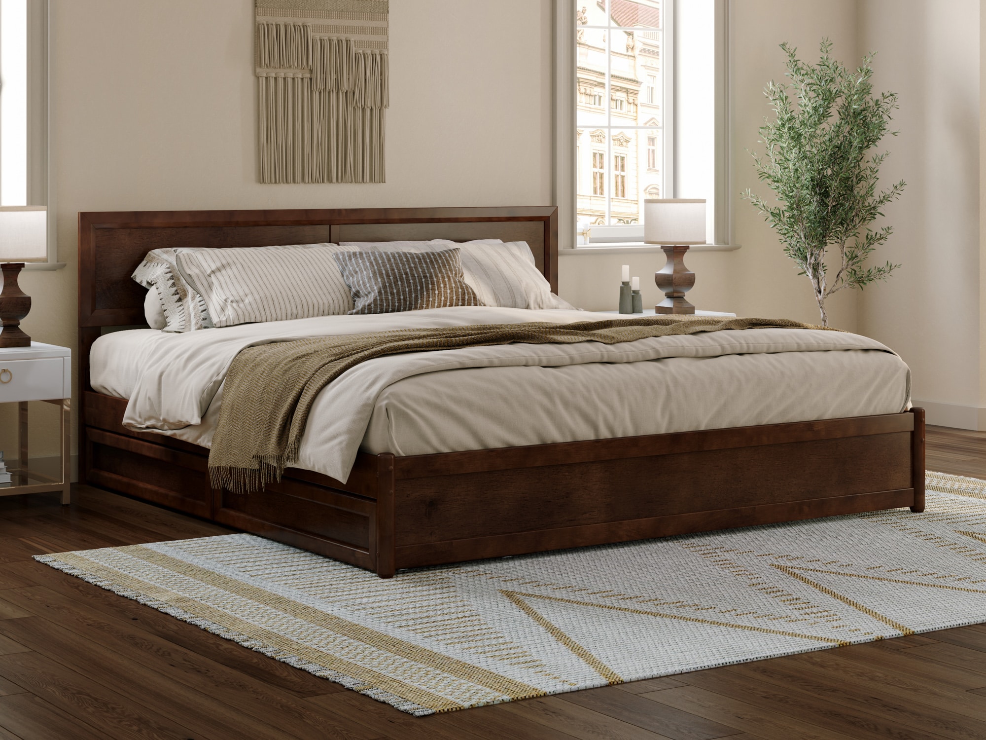 AFI King Walnut Wood Platform Bed Storage with Headboard