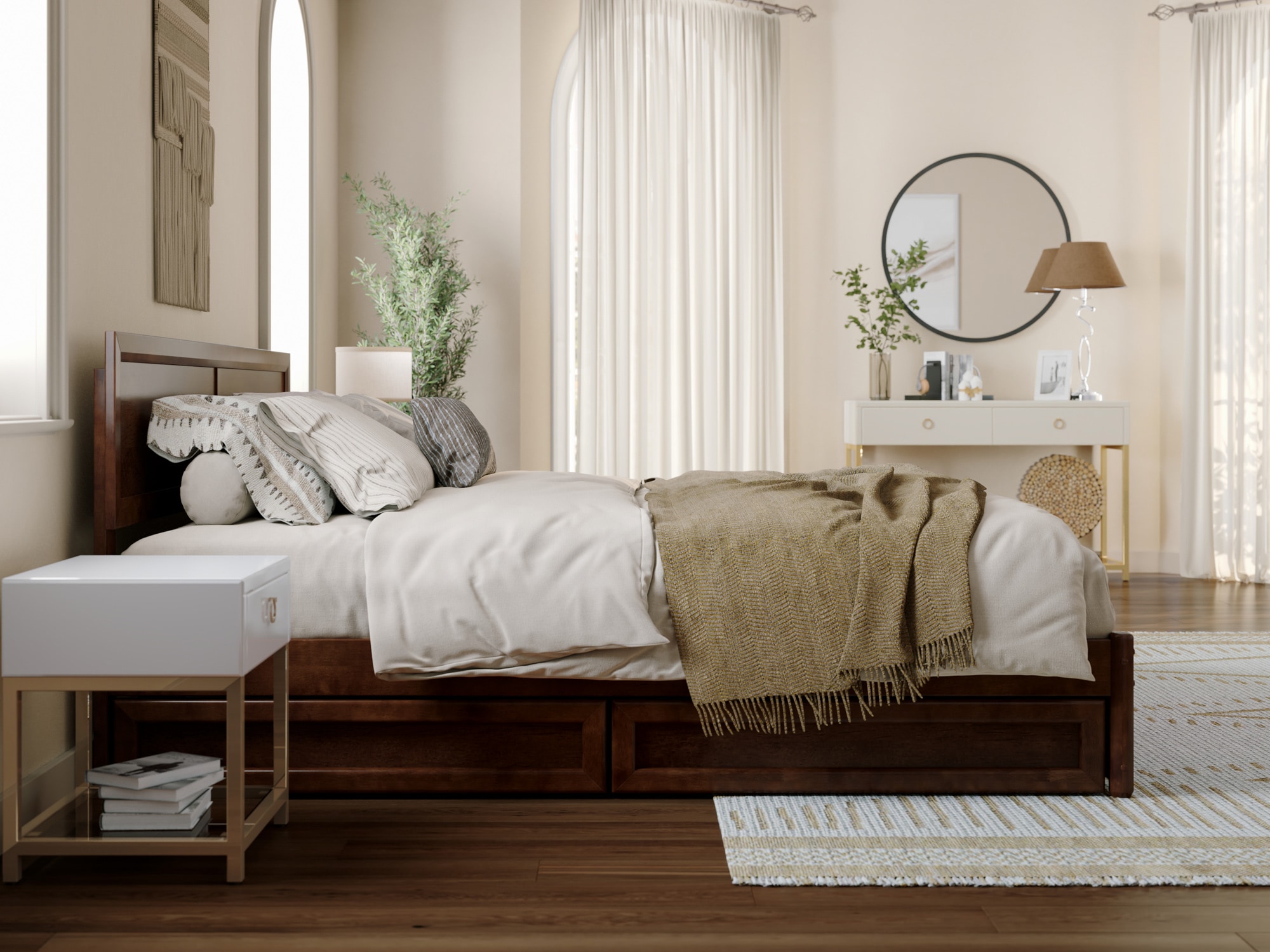 AFI King Walnut Wood Platform Bed Storage with Headboard