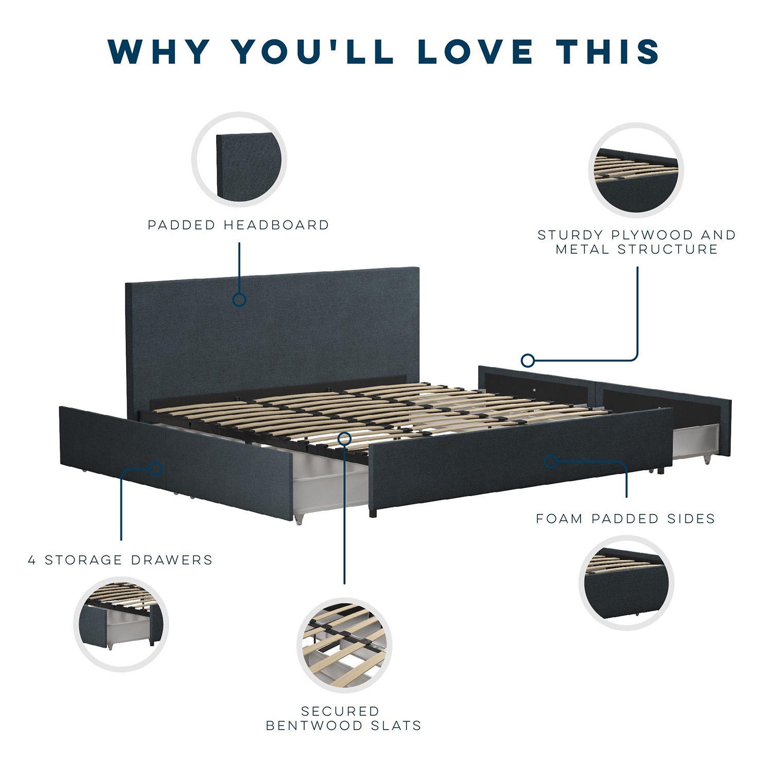 GZMR King Navy Bed Frame Storage with Headboard