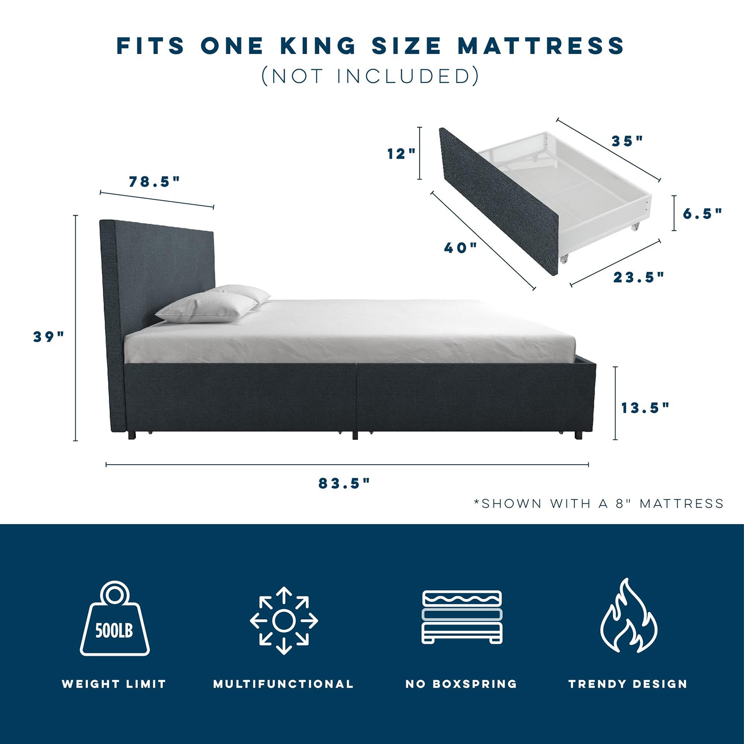 GZMR King Navy Bed Frame Storage with Headboard