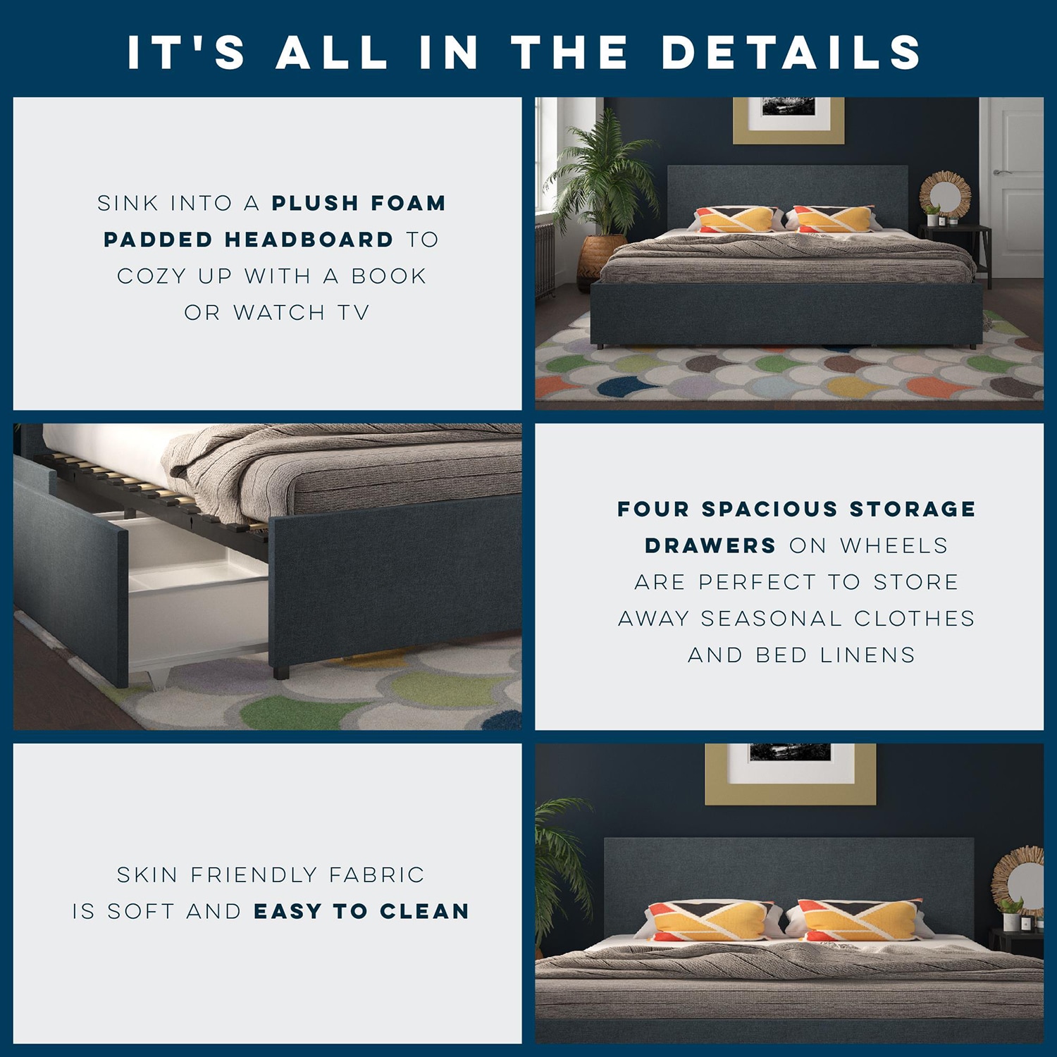 GZMR King Navy Bed Frame Storage with Headboard