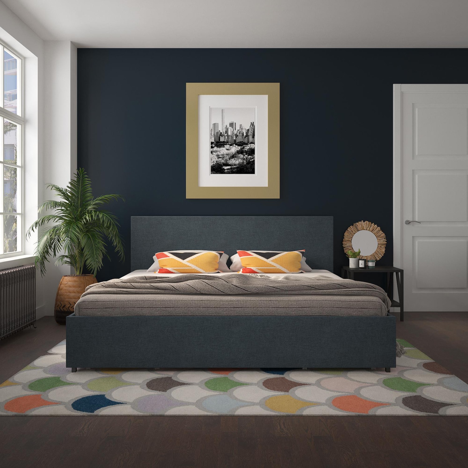 GZMR King Navy Bed Frame Storage with Headboard