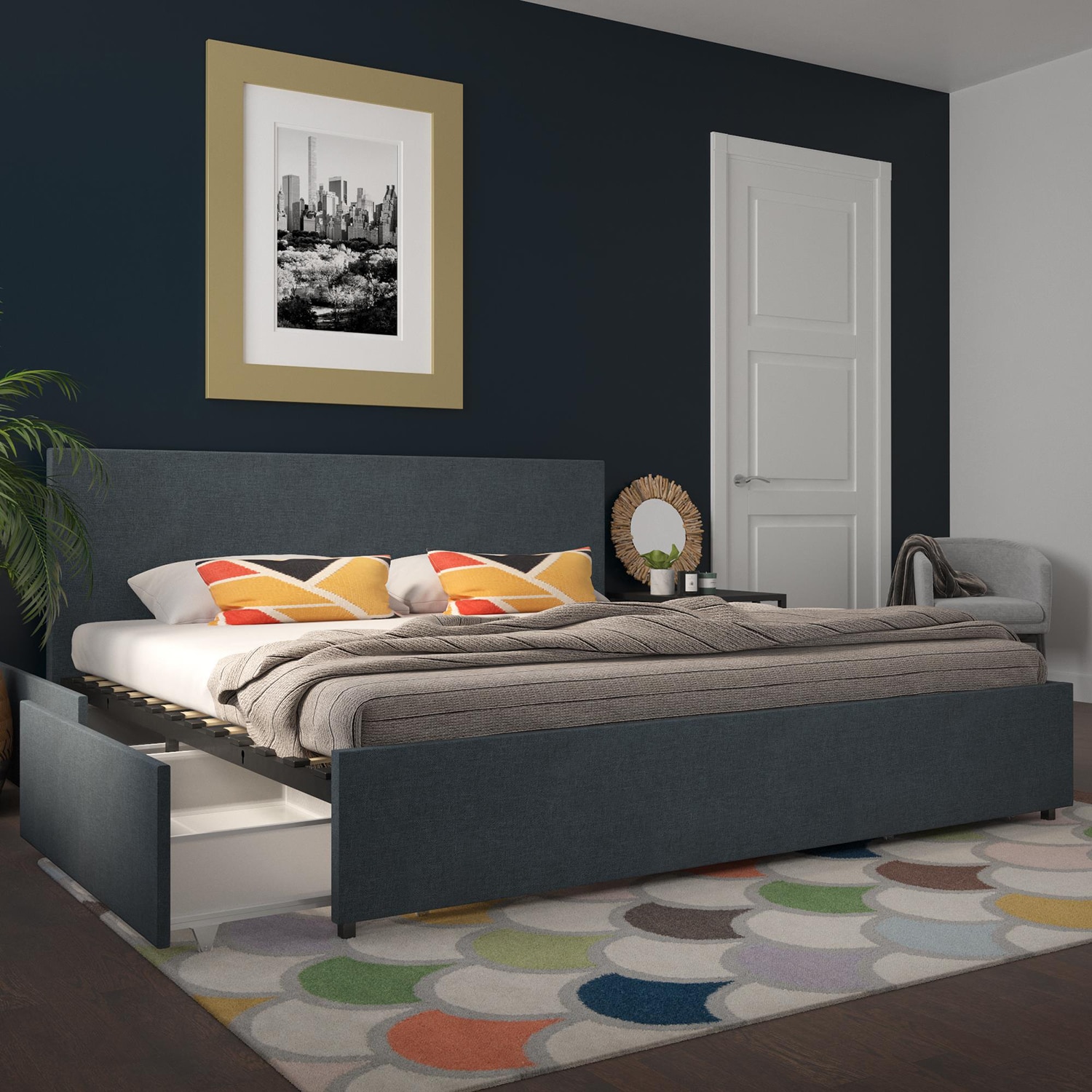 GZMR King Navy Bed Frame Storage with Headboard