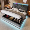 SINOFURN King Gray Tufted Bed Frame Storage with Headboard