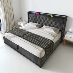 SINOFURN King Gray Tufted Bed Frame Storage with Headboard