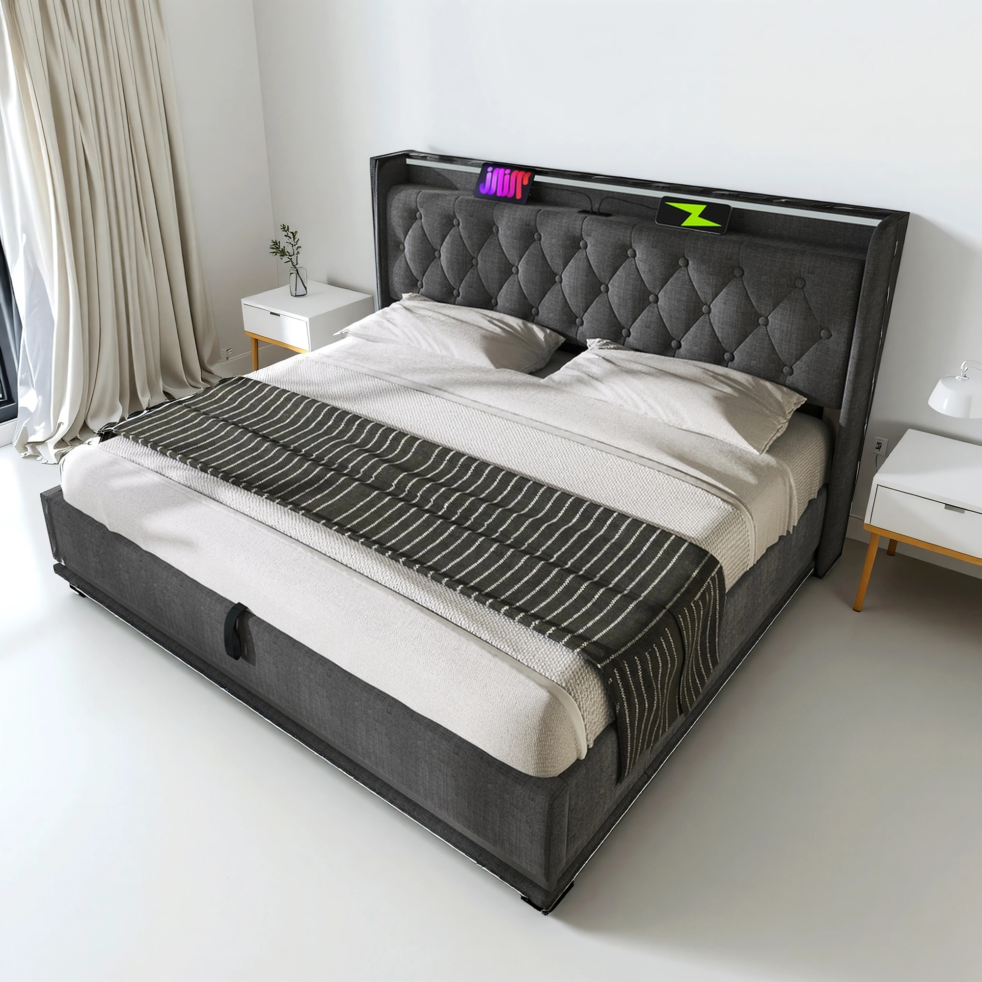 SINOFURN King Gray Tufted Bed Frame Storage with Headboard