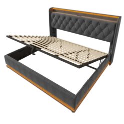 SINOFURN King Gray Tufted Bed Frame Storage with Headboard