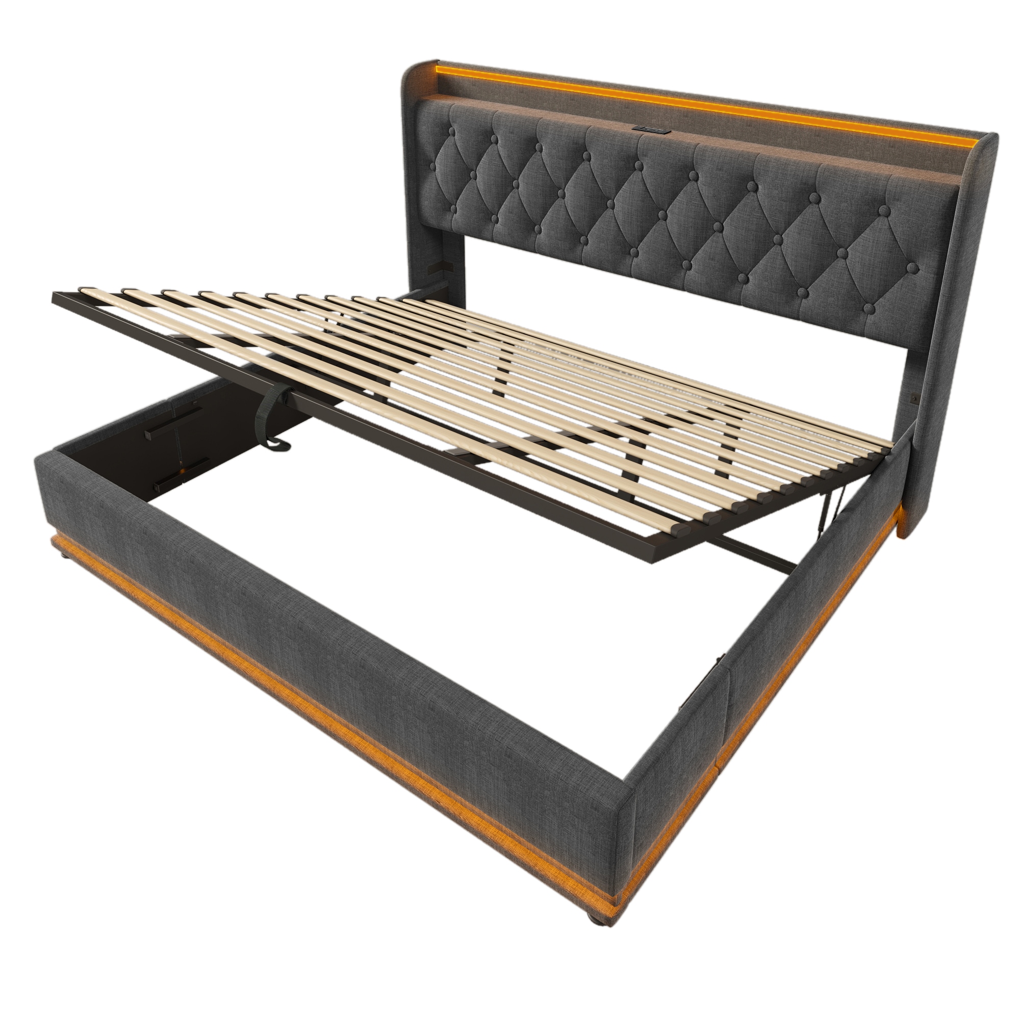 SINOFURN King Gray Tufted Bed Frame Storage with Headboard
