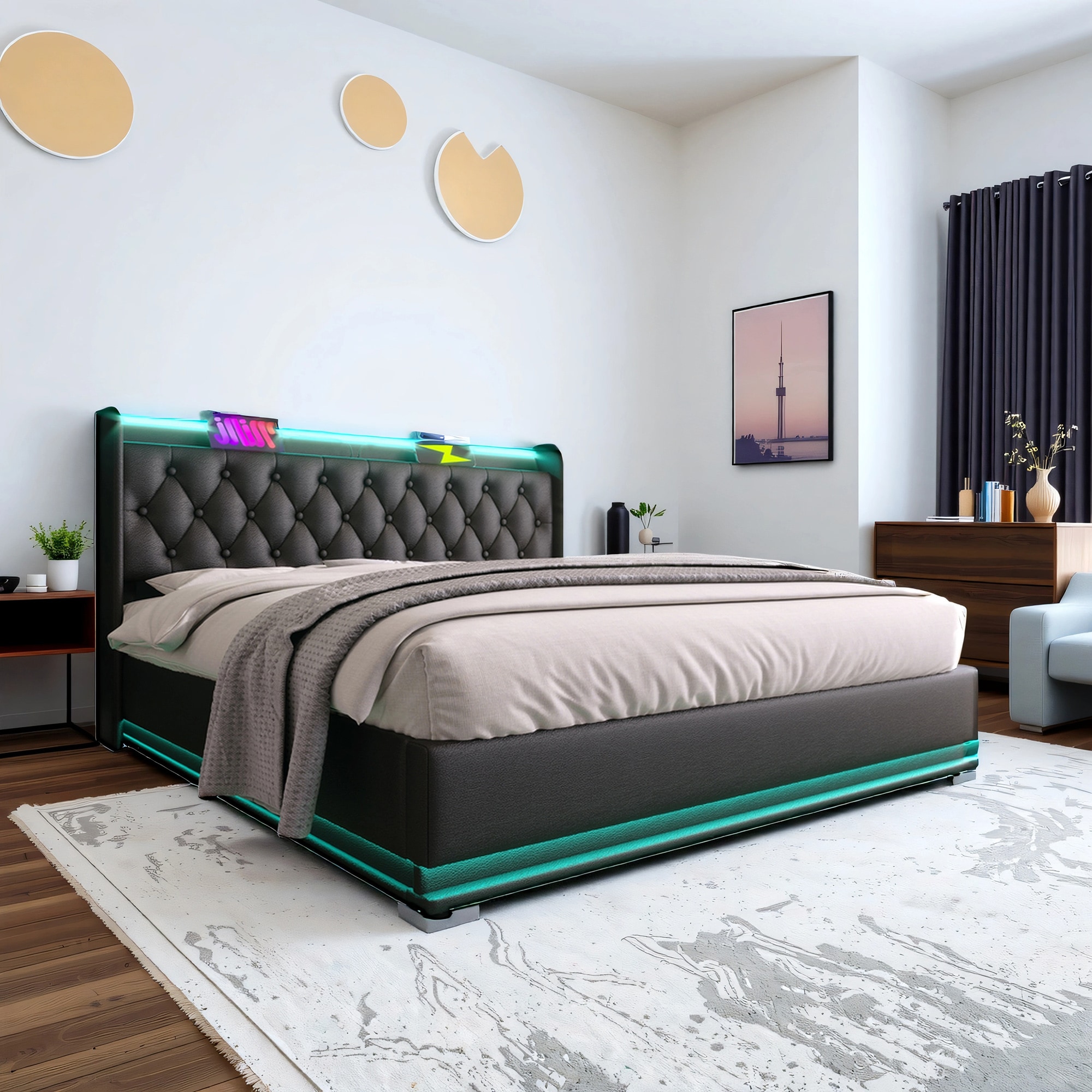 SINOFURN Queen Black Tufted Bed Frame Storage with Headboard