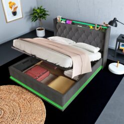 SINOFURN Queen Gray Tufted Bed Frame Storage with Headboard