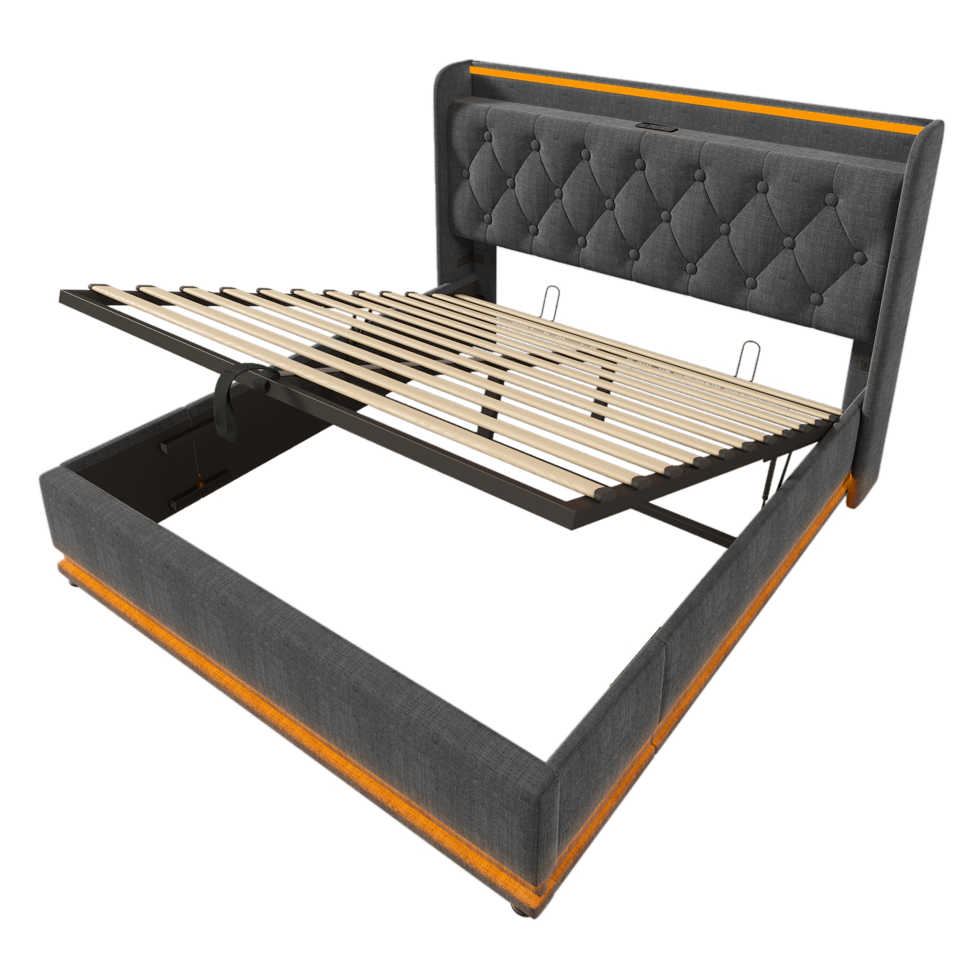 SINOFURN Queen Gray Tufted Bed Frame Storage with Headboard