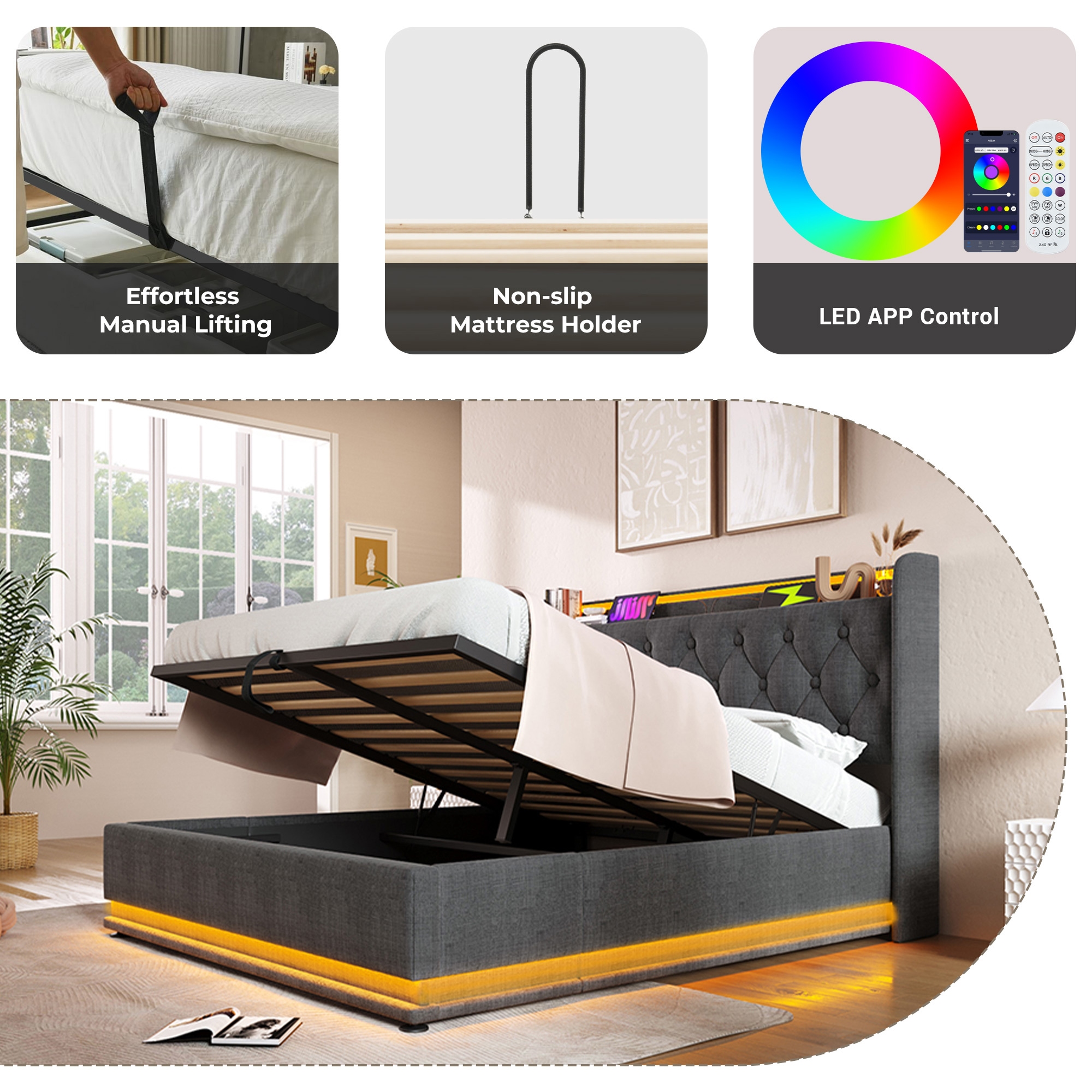 SINOFURN Queen Gray Tufted Bed Frame Storage with Headboard