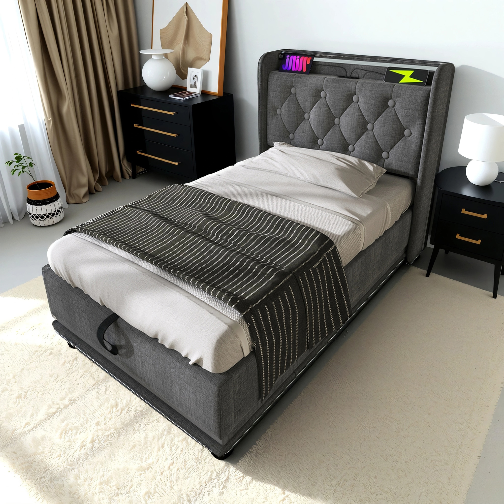 SINOFURN Twin Gray Tufted Bed Frame Storage with Headboard