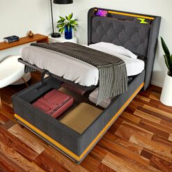 SINOFURN Twin Gray Tufted Bed Frame Storage with Headboard