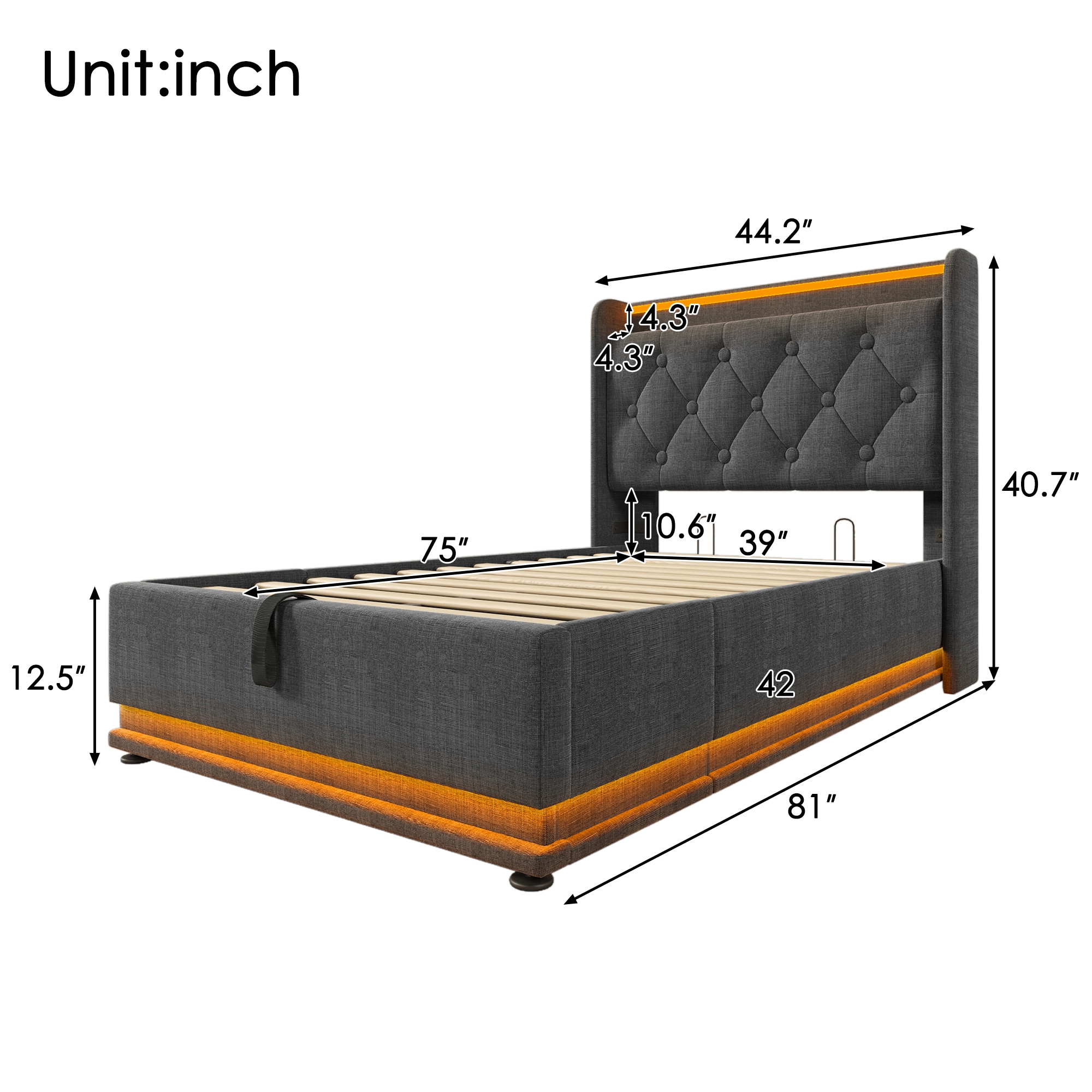 SINOFURN Twin Gray Tufted Bed Frame Storage with Headboard