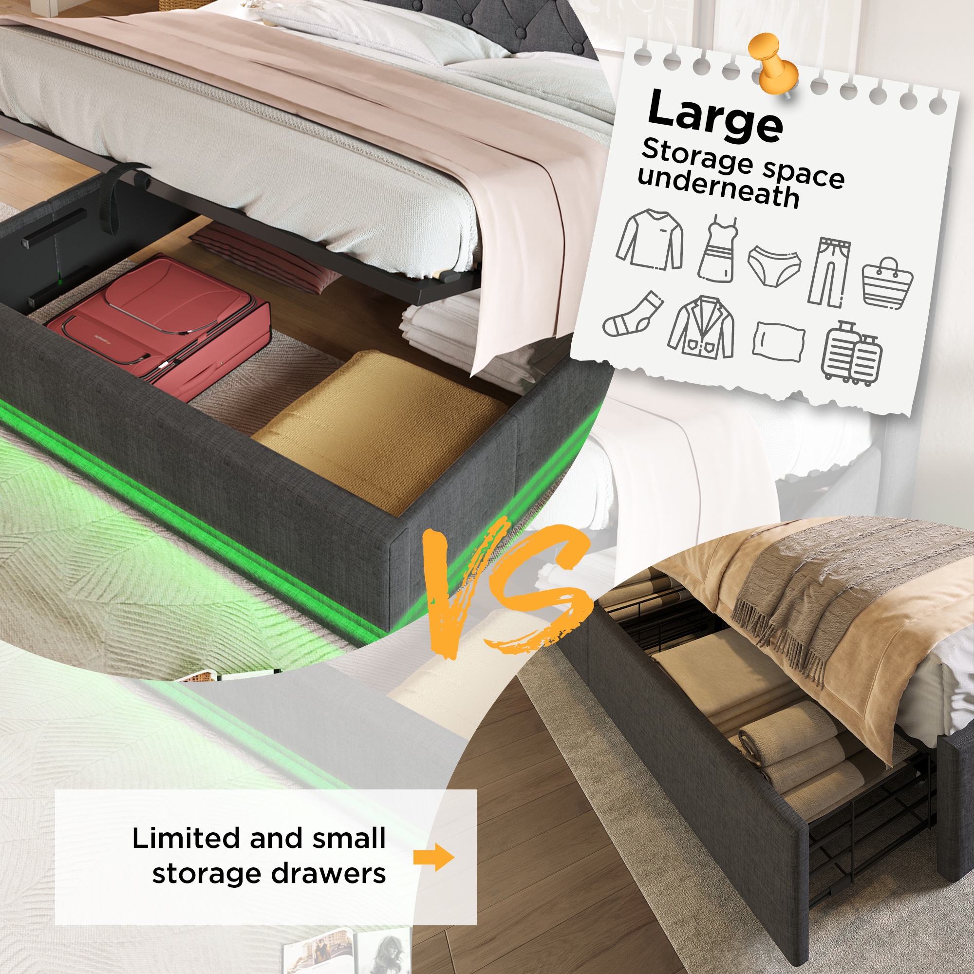 SINOFURN Twin Gray Tufted Bed Frame Storage with Headboard