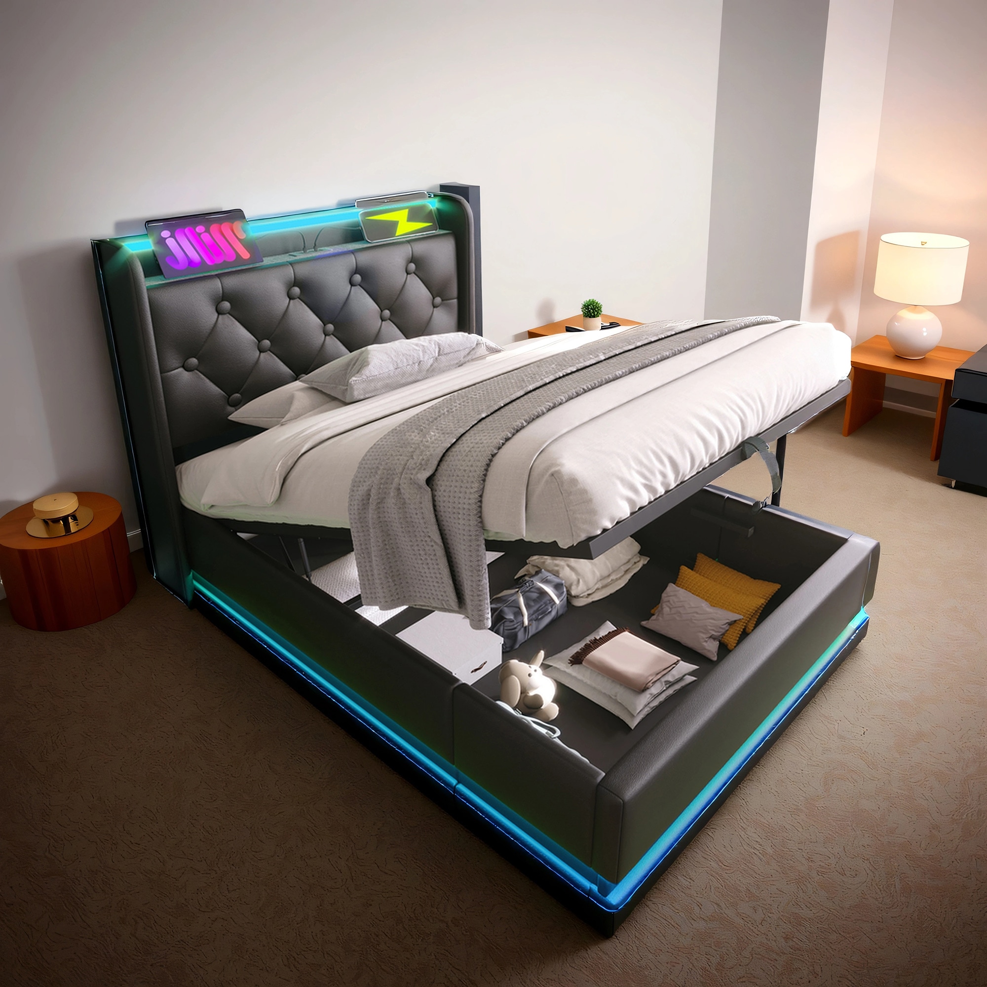 SINOFURN Twin Black Tufted Bed Frame Storage with Headboard