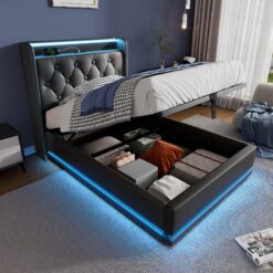 SINOFURN Twin Black Tufted Bed Frame Storage with Headboard