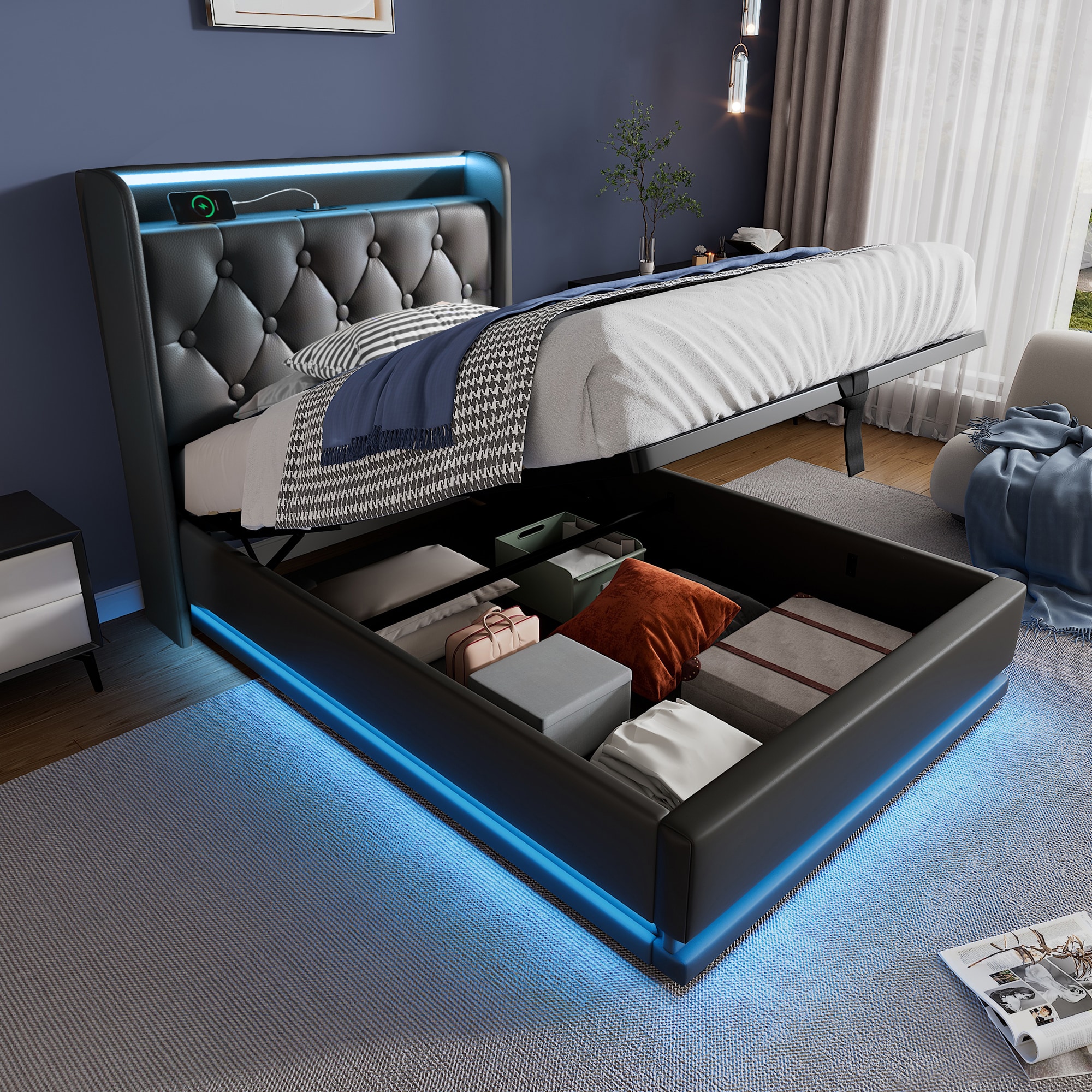 SINOFURN Twin Black Tufted Bed Frame Storage with Headboard
