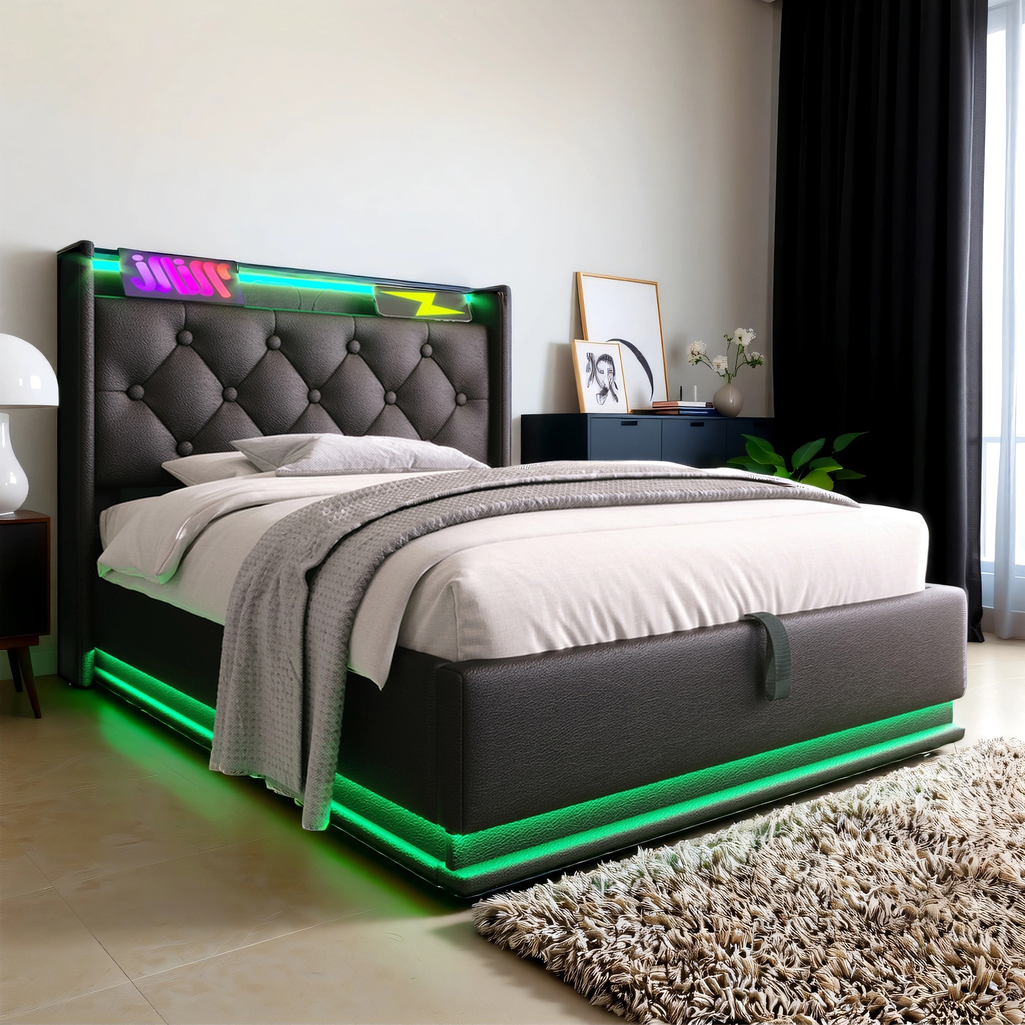SINOFURN Twin Black Tufted Bed Frame Storage with Headboard