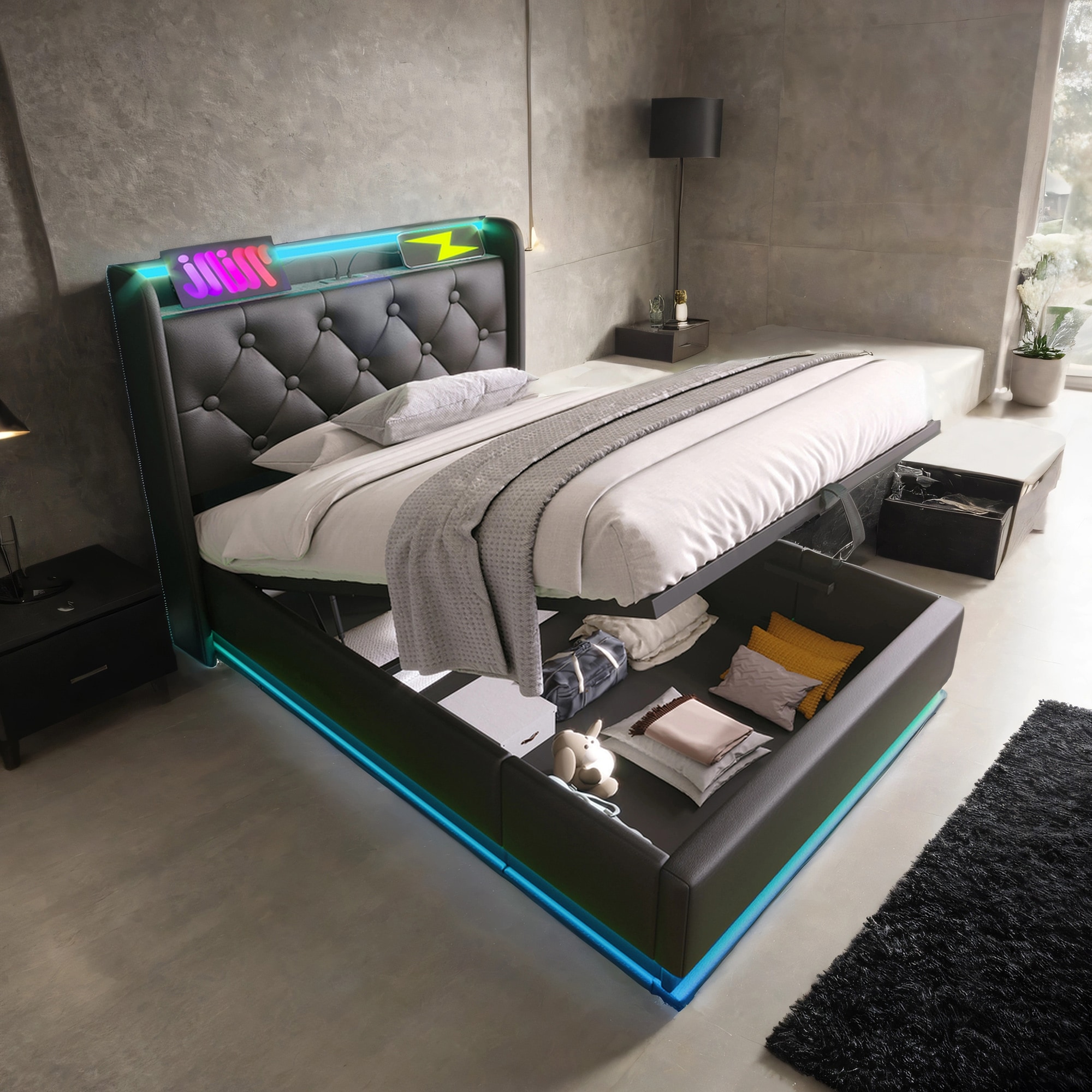 SINOFURN Twin Black Tufted Bed Frame Storage with Headboard