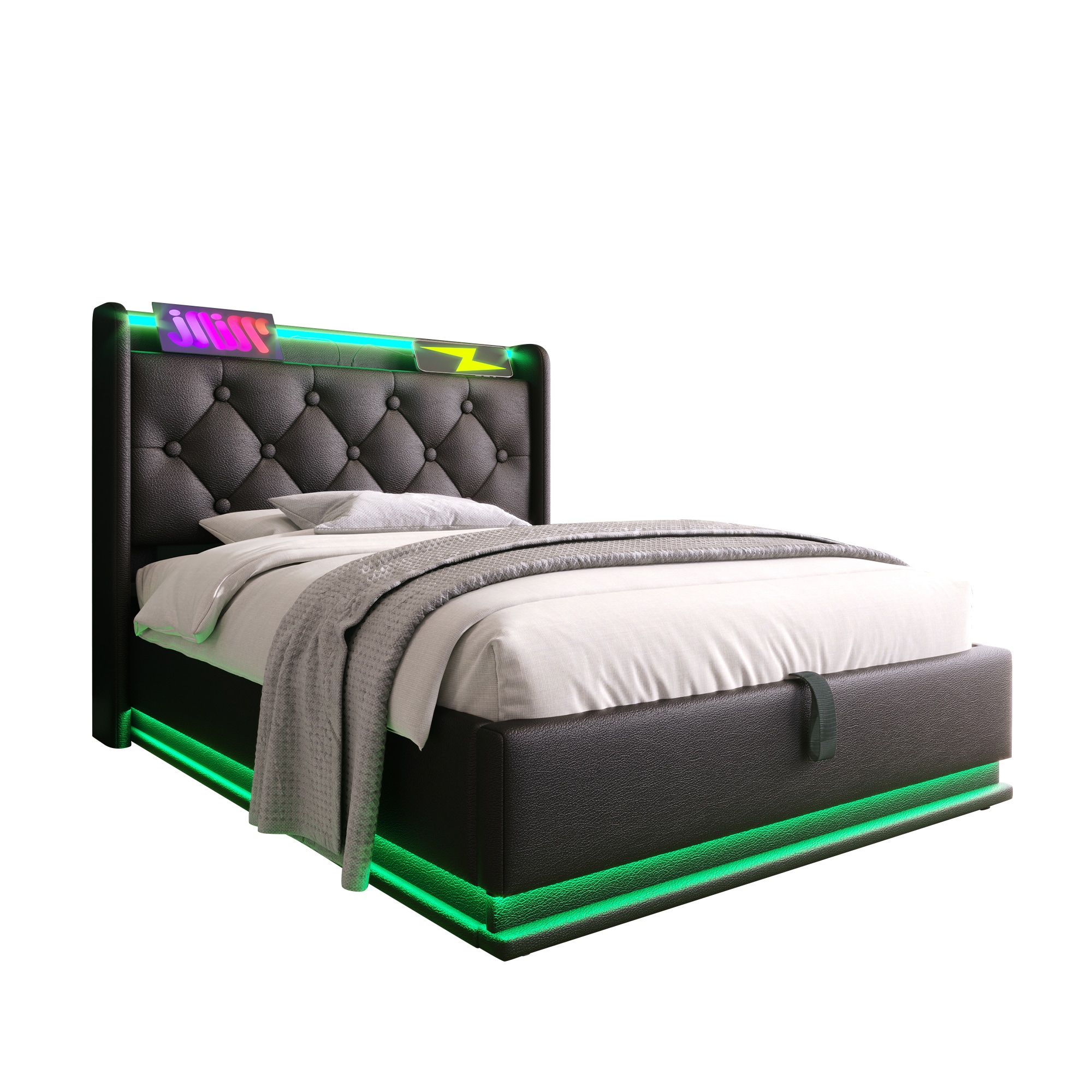 SINOFURN Twin Black Tufted Bed Frame Storage with Headboard