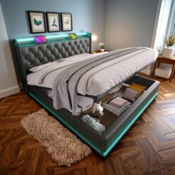 SINOFURN Full Black Tufted Bed Frame Storage with Headboard
