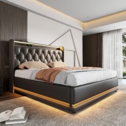 SINOFURN Full Black Tufted Bed Frame Storage with Headboard