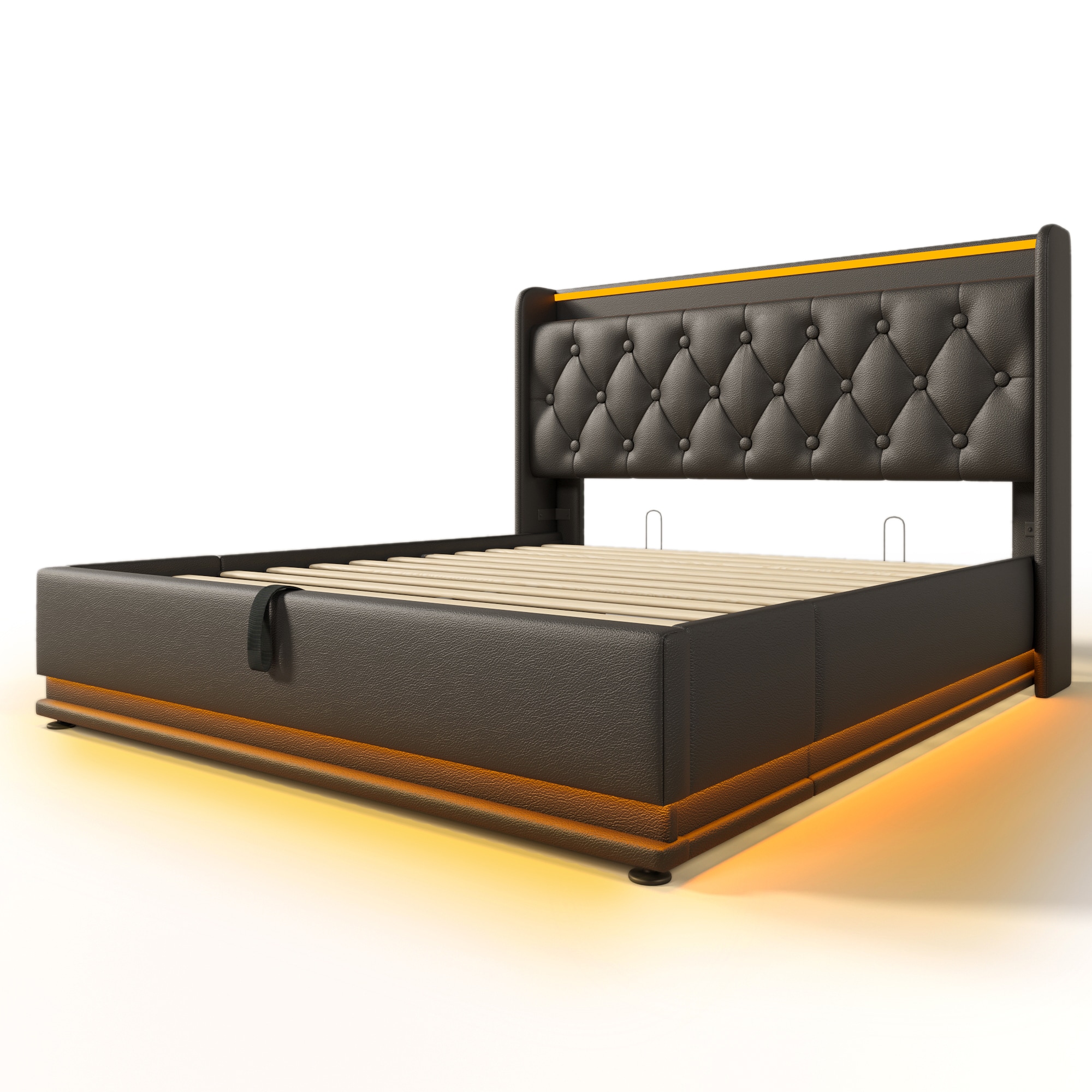 SINOFURN Full Black Tufted Bed Frame Storage with Headboard
