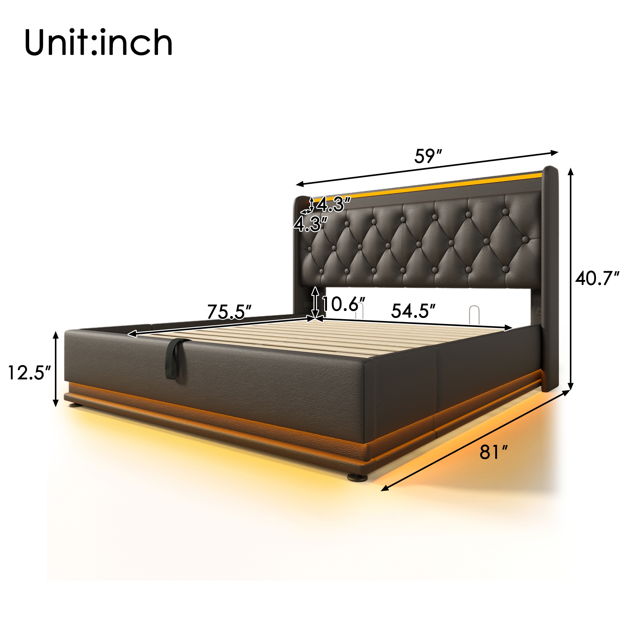 SINOFURN Full Black Tufted Bed Frame Storage with Headboard
