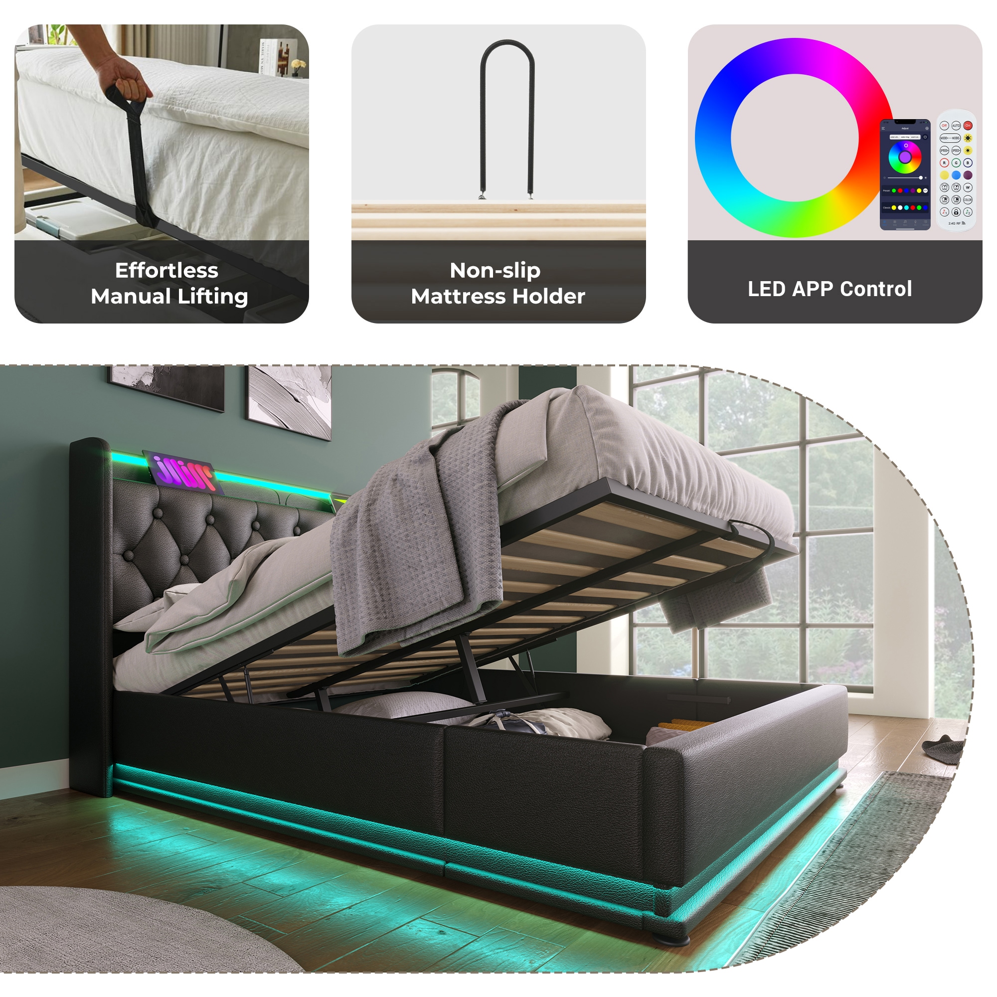 SINOFURN Full Black Tufted Bed Frame Storage with Headboard